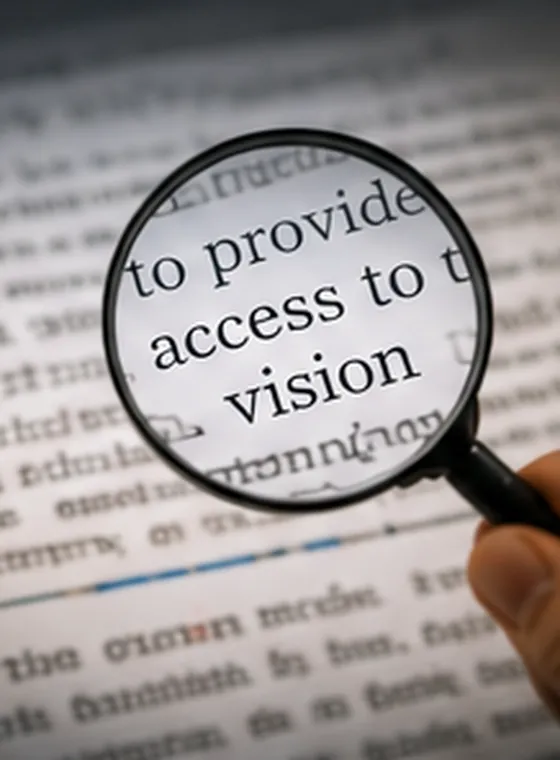 A magnifying glass held over a page of printed text, enlarging the words "to provide access to vision".