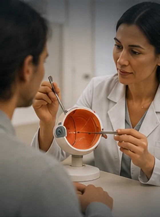 An optometrist using an anatomical eye model to explain a diagnosis to a patient across the desk.