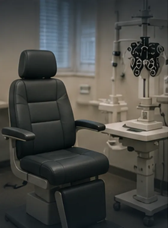 An empty exam lane with a chair and phoropter, ready for the next patient.