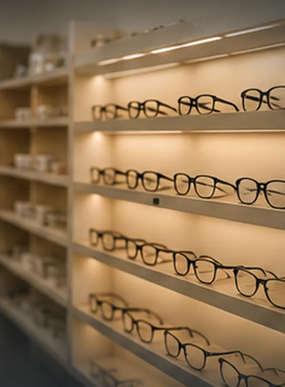 A wall of eyewear frames in an independent optical dispensary.