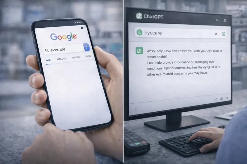 Split image: a phone showing a Google search for eyecare beside a monitor where an AI assistant answers the same question.