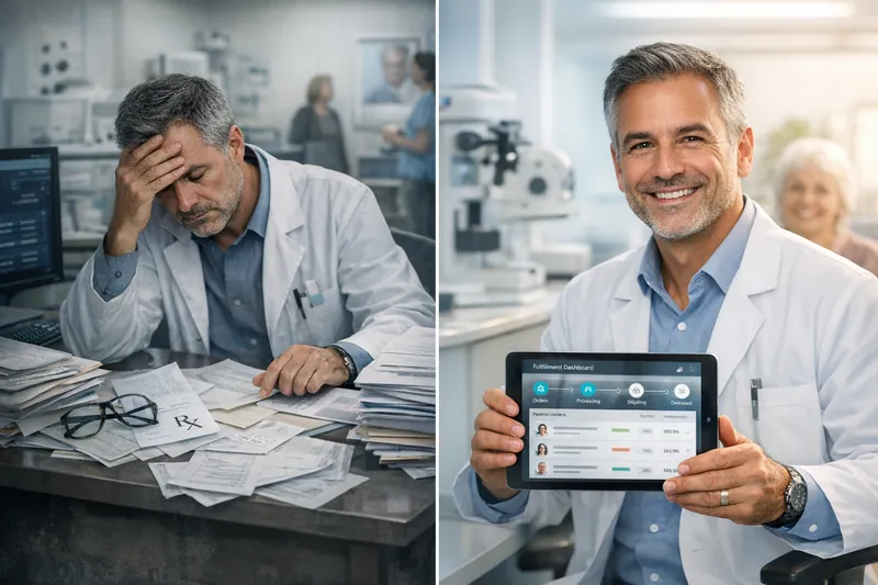 Split image: a practice owner buried in paperwork on the left, and the same owner working calmly from a tablet on the right.