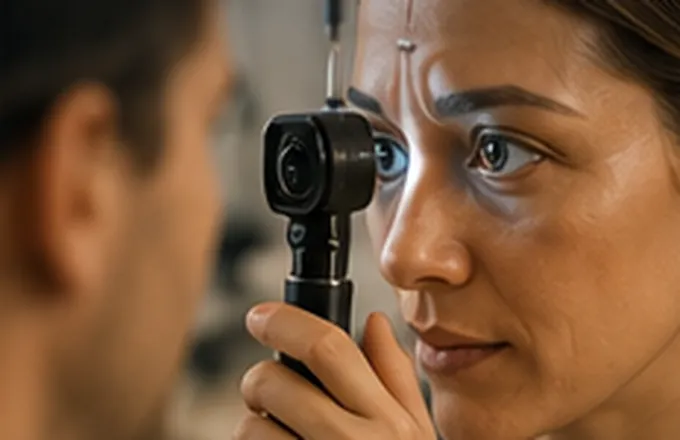 A clinician holding a direct ophthalmoscope close to a patient's eye during an examination.