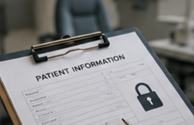 A patient information form on a clipboard beside a padlock symbol.