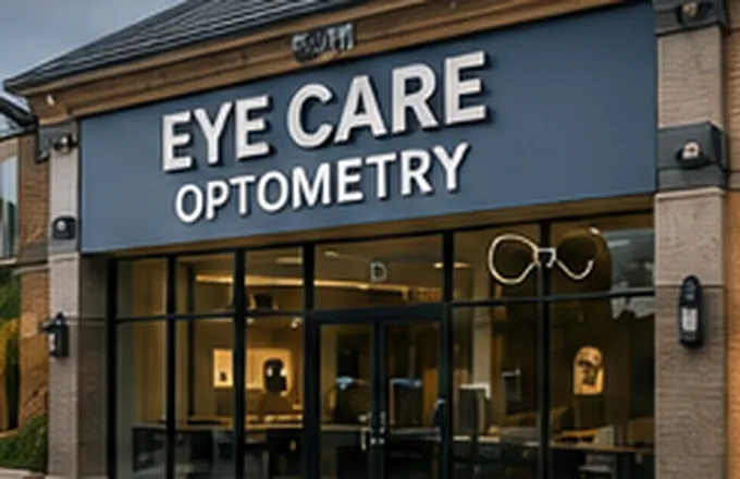 The lit storefront of an independent eyecare and optometry practice at dusk.